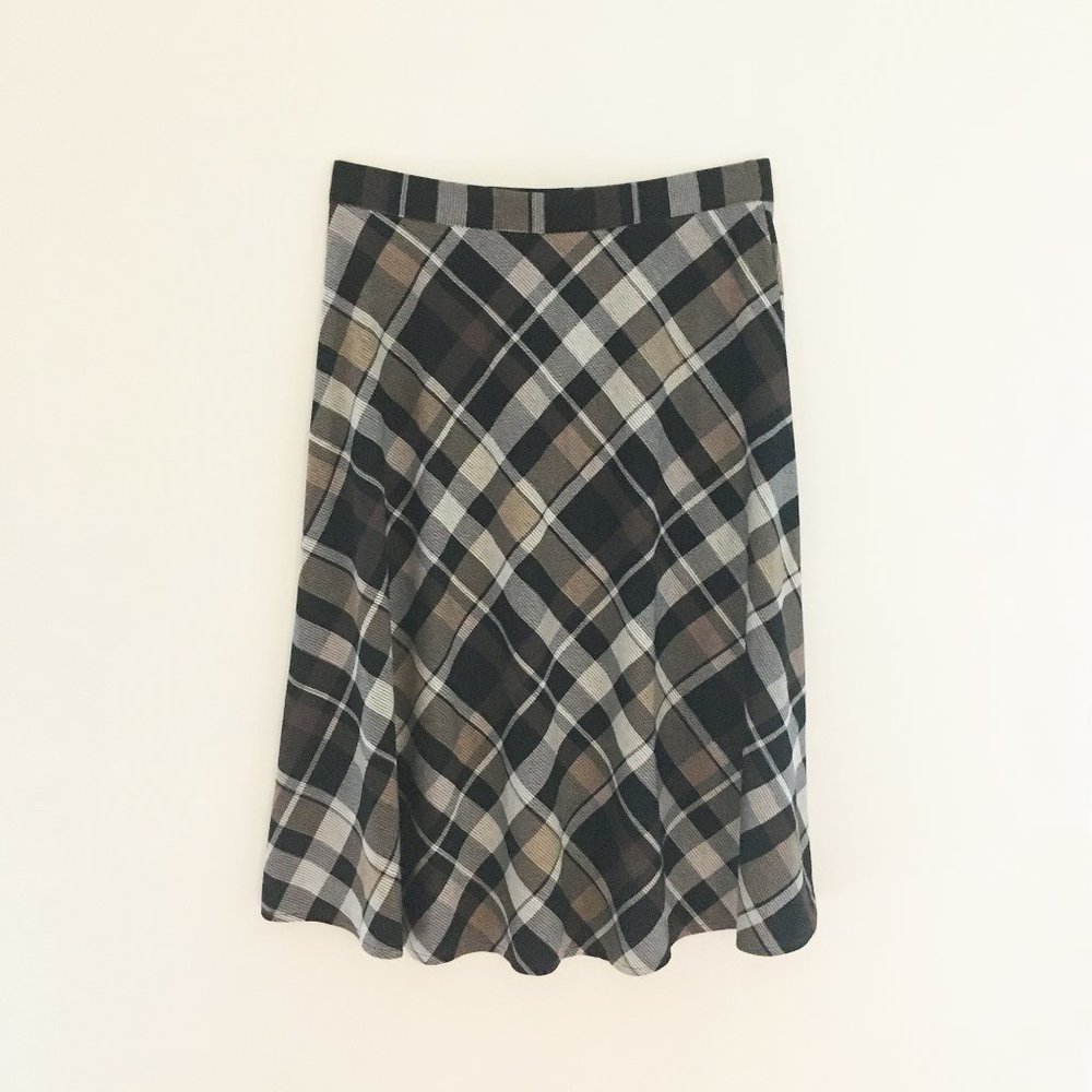 Verve Ami plaid black, brown and white midi skirt.